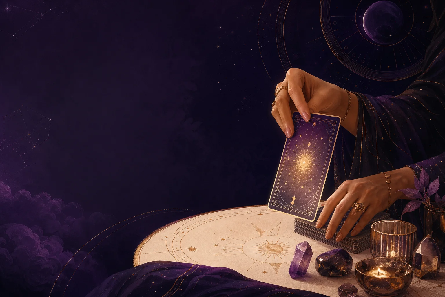 Una mano saca una carta para una lectura de tarot gratis